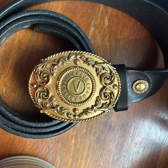 Versace Couture Belt Mens Black Leather Belt With Signature Gold Versace Buckle - Picture 10 of 10